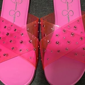 Jessica Simpsons Neon Pink Rhinestone Flat Sandals, size 6.5, (Never Used)